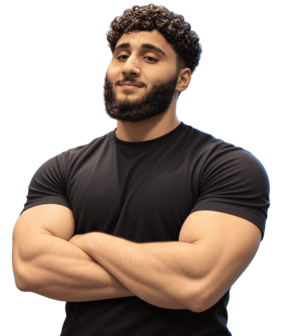 Stylized portrait of Magdi Hajjaj with curly hair, a beard, and a black T-shirt